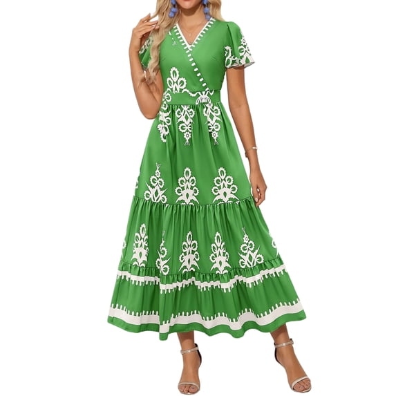 Aellinatey Women's Casual V-Neck Bohemian Maxi Dress, Flowy A-line Flared Sleeve Layered Floral Dress with Pockets