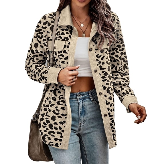 Aellinatey Women's Corduroy Shirt Jacket Casual Leopard Print Button Long Sleeve Coat