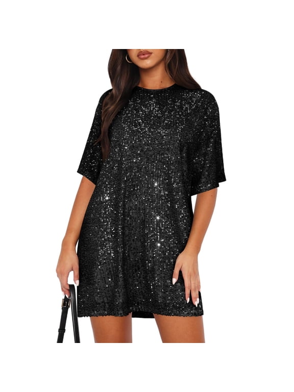 Women's Crew Neck Sequin Dress for Women Sexy V Neck Shirt Dress Sparkly Half Sleeve Loose Party Club Cocktail Dress