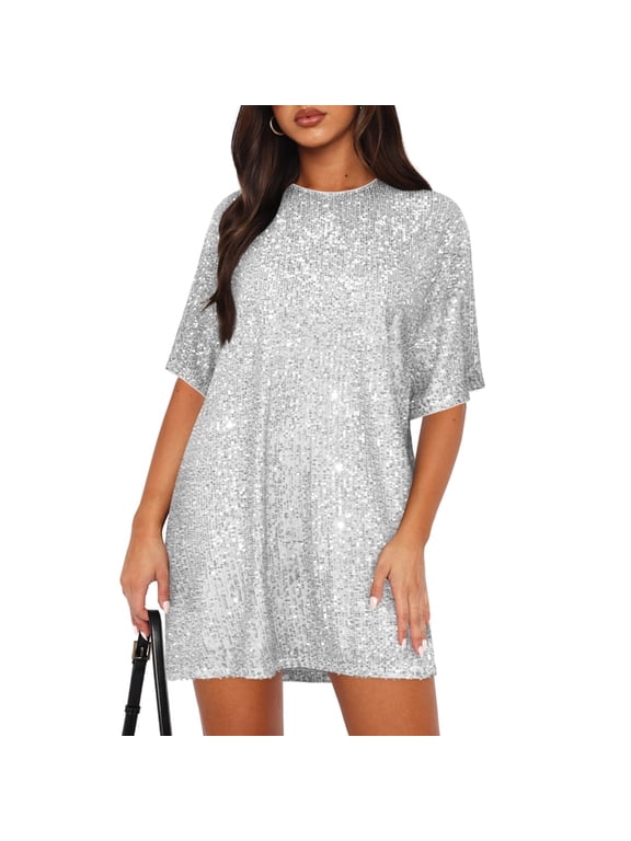 Women's Crew Neck Sequin Dress for Women Sexy V Neck Shirt Dress Sparkly Half Sleeve Loose Party Club Cocktail Dress