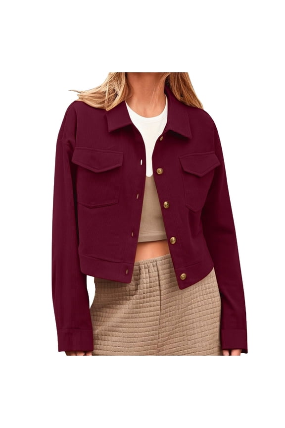 Women's Cropped Jacket - Button-Down Corduroy Cropped Blazer Casual Long Sleeve Cropped Top