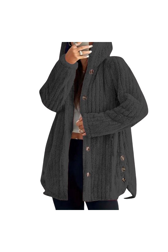 Women's Fuzzy Fleece Sherpa Jacket Hooded Fall Winter Button Up Warm Outerwear Coats