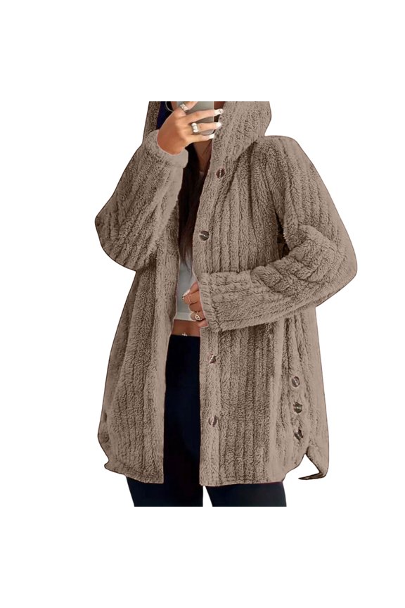 Women's Fuzzy Fleece Sherpa Jacket Hooded Fall Winter Button Up Warm Outerwear Coats