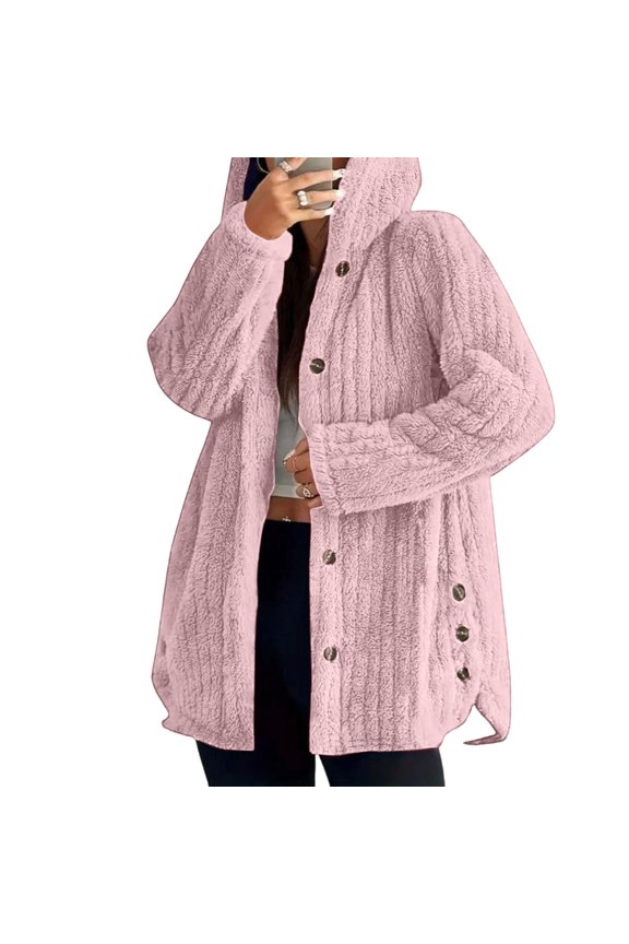 Women's Fuzzy Fleece Sherpa Jacket Hooded Fall Winter Button Up Warm Outerwear Coats