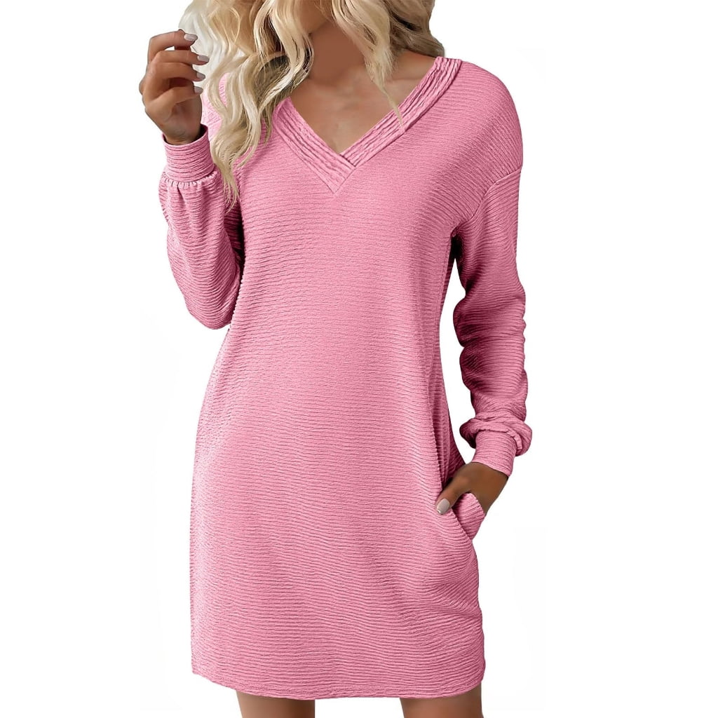 women's long sleeve casual loose t shirt dress Aellinatey T-Shirt Textured Dress with Pockets Leely Women Burgundy Pencil Fabric_Printed Fabric Body measurements include Size:XXS / US 0 Crewneck