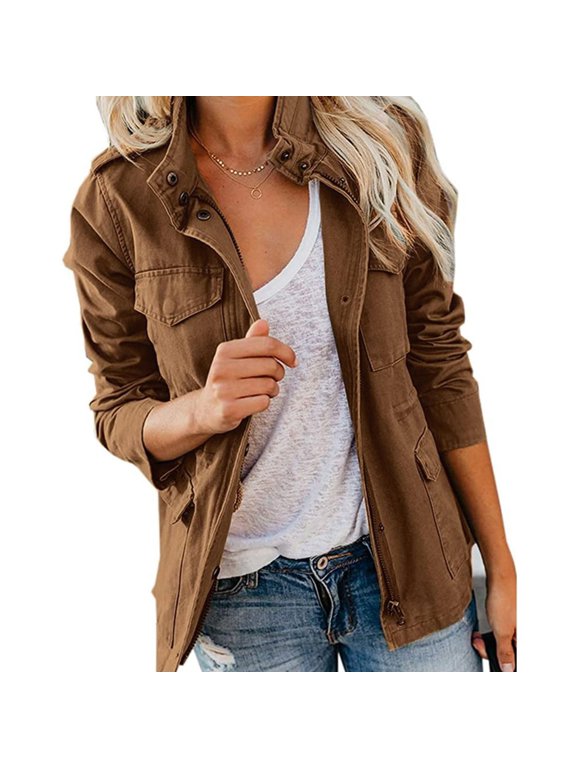 Women's Military Windbreaker Jacket Zipper Snap Button Parka Hunting Utility Coat with Pockets