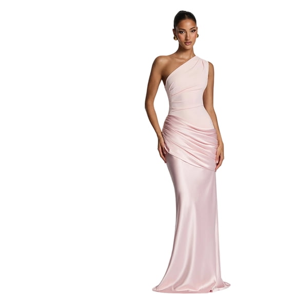 Aellinatey Women's One Shoulder Bodycon Maxi Dress Satins Ruched Formal Gown for Cocktail