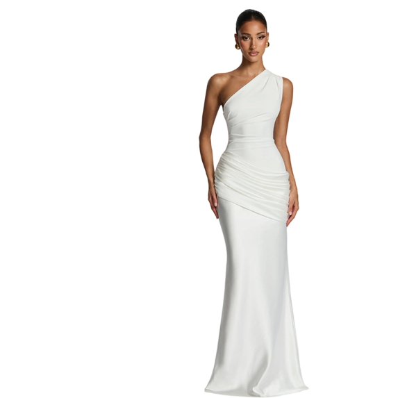 Aellinatey Women's One Shoulder Bodycon Maxi Dress Satins Ruched Formal Gown for Cocktail