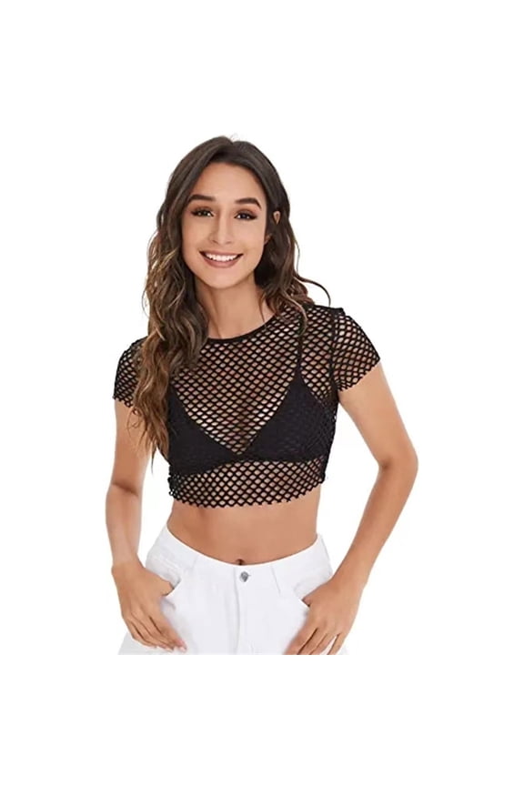 Women's Sexy Sheer Mesh Fishnet Net Short Sleeve T-Shirt Crop Tops Clubwear