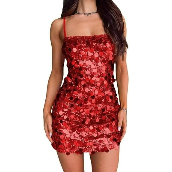 Aellinatey Women's Sparkly Sequined Spaghetti Strap Backless Bodycon Nightclub Mini Dress