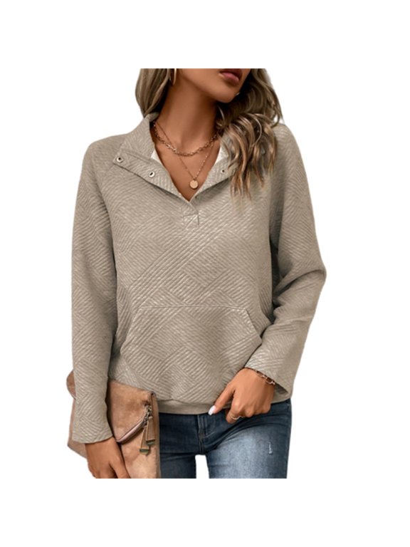 Women's Sweatshirt Casual Textured Long Sleeve Henley Button V-Neck Pullover Loose Lightweight Pullover Top with Pockets