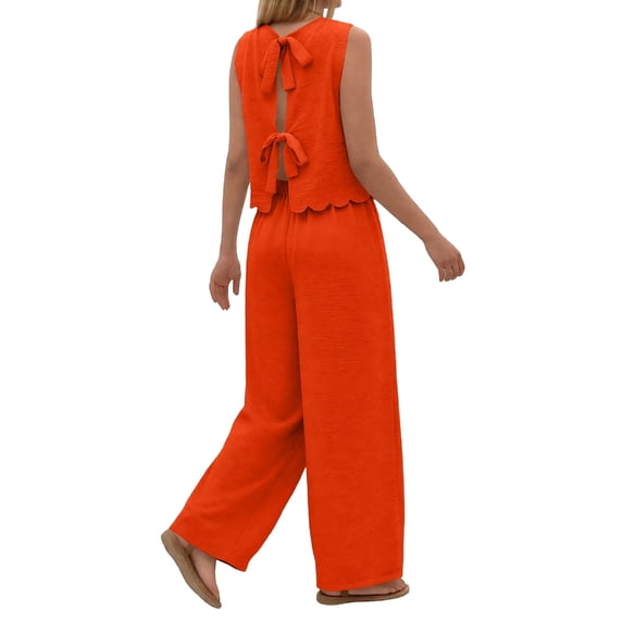 Aellinatey Women's Two Piece Sets With Back Tie Bow Top And Wide Leg Pants For Vacation Travel Outfits