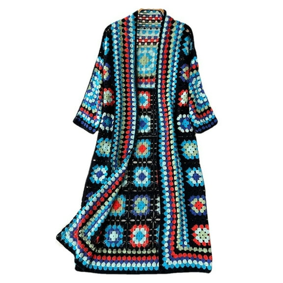 Aellinatey Women's Vintage Inspired Knitted Long Cardigan with Colorful Crochet Detail
