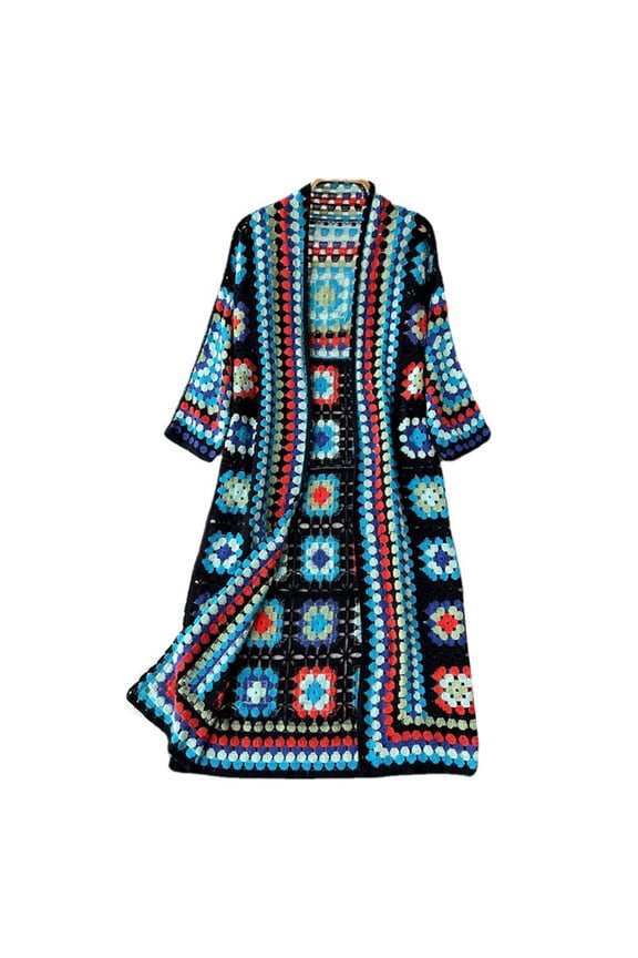 Women's Vintage Inspired Knitted Long Cardigan with Colorful Crochet Detail