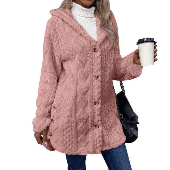 Aellinatey Women's Wool Jacket Button-Down Jacket Hooded Side-Open Cardigan Jacket