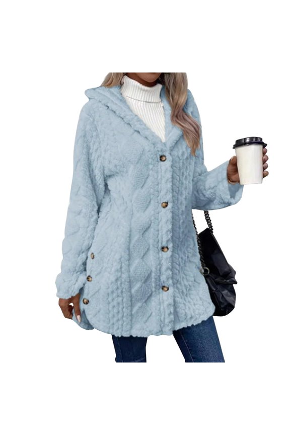 Women's Wool Jacket Button-Down Jacket Hooded Side-Open Cardigan Jacket