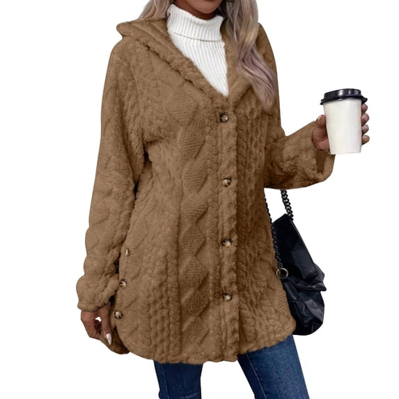 Aellinatey Women's Wool Jacket Button-Down Jacket Hooded Side-Open Cardigan Jacket