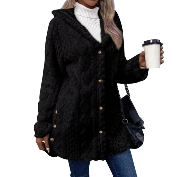 Aellinatey Women's Wool Jacket Button-Down Jacket Hooded Side-Open Cardigan Jacket