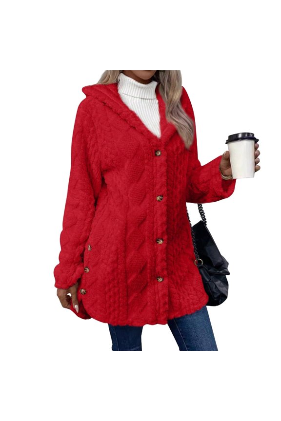 Women's Wool Jacket Button-Down Jacket Hooded Side-Open Cardigan Jacket