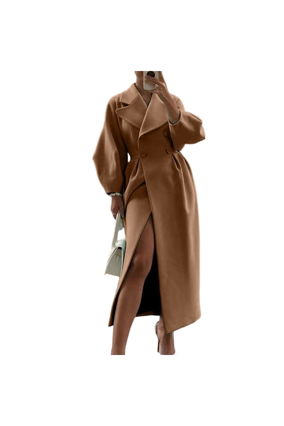 Women's double-breasted long pea coat with lapel, lantern sleeves, extra-long trench coat, autumn and winter wool blend outerwear