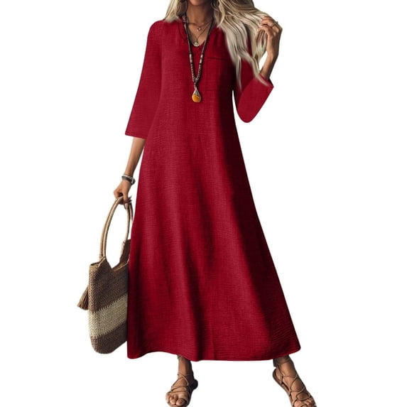 Aellinatey Women's linen V-neck long dress with three-quarter sleeves, solid color long slip dress