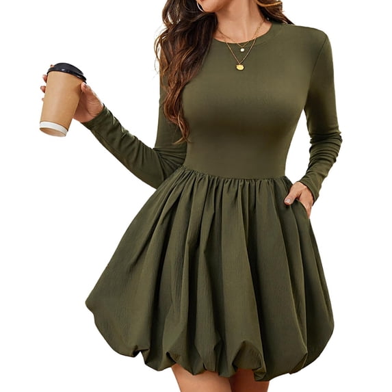 Aellinatey Women's long-sleeved round neck high-waisted mini cocktail dress with pockets