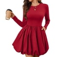 thumbnail image 1 of Aellinatey Women's long-sleeved round neck high-waisted mini cocktail dress with pockets, 1 of 9