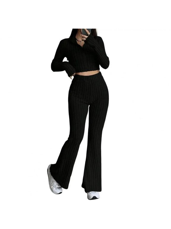Women's two-piece suit Spring and autumn simple casual knitted striped short top flared pants two-piece suit