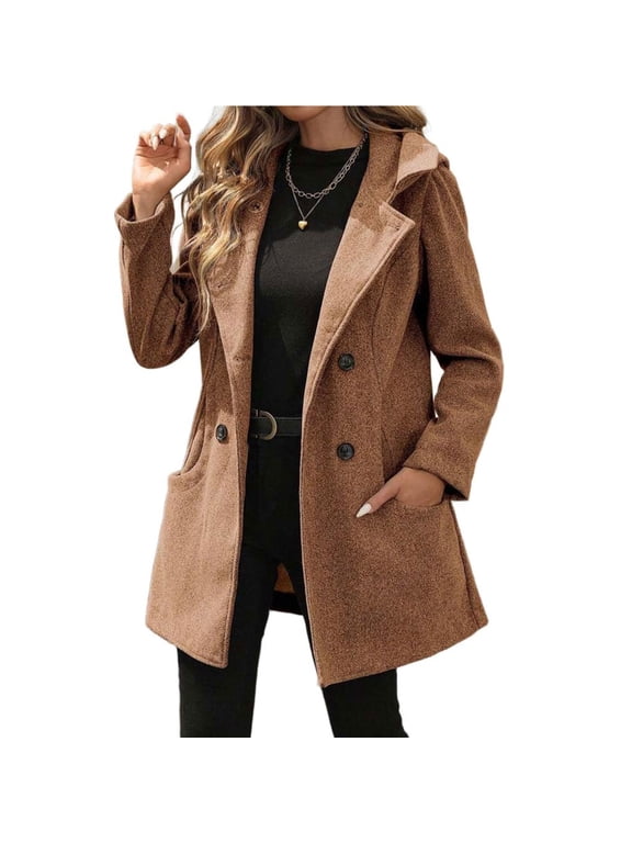 Women's wool coat, long-sleeved, double-breasted, hooded.