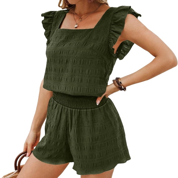 Aellinatey Womens 2 Piece Set Plain Square Neck Ruffle Sleeve Top Short Sets For Women