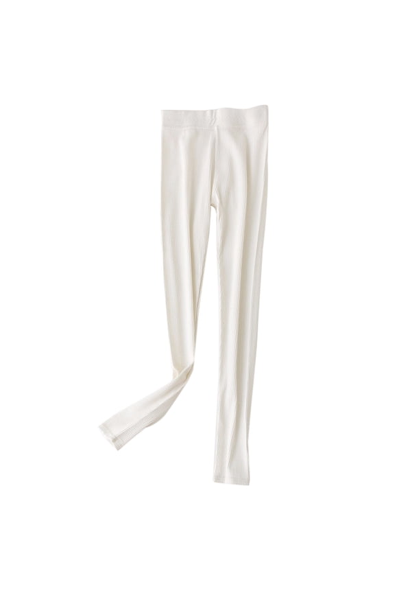 Womens Autumn Warm Ankle Length Leggings Cotton Ribbed Knit Striped Elastic Tights Plain Solid Color Basic Skinny Pants