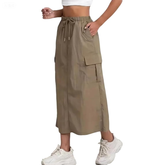 Aellinatey Womens Cargo Skirt High Drawstring Quick Dry Maxi Skirt Trendy Back Slit A Line Long Skirts Hiking Fall Skirts
