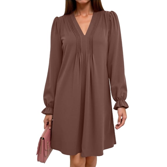 Aellinatey Womens Casual Dress A-Line Ruffle Sleeve V Neck Midi Dress Fashion Pleated Flowy Sundress Loose Shirt Dresses