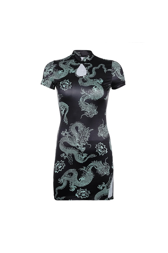 Womens Chinese Style Dragon Print Short Sleeve Mini Bodycon Dress Keyhole Stand Collar Split Hem Vintage Cheongsam