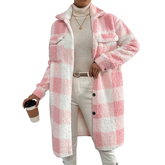 Aellinatey Womens Long Fleece Plaid Jacket Cozy Lapel Button Down Sherpa Shacket Fall Winter Plaid Coats