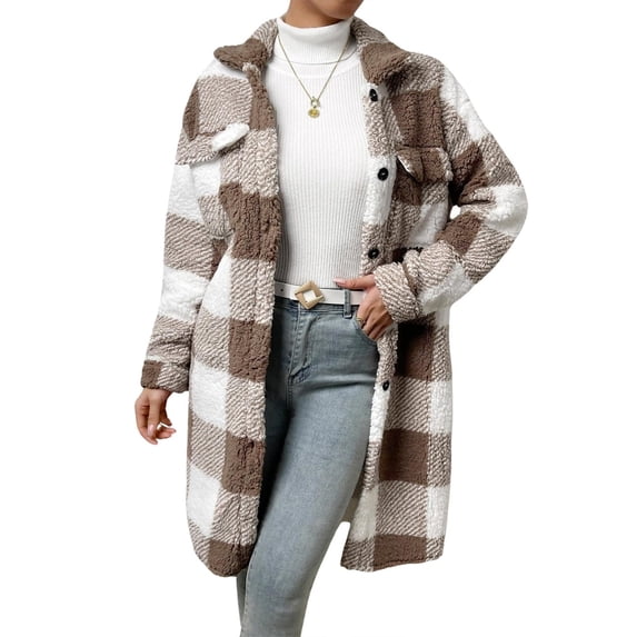 Aellinatey Womens Long Fleece Plaid Jacket Cozy Lapel Button Down Sherpa Shacket Fall Winter Plaid Coats
