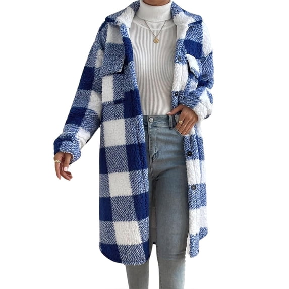 Aellinatey Womens Long Fleece Plaid Jacket Cozy Lapel Button Down Sherpa Shacket Fall Winter Plaid Coats