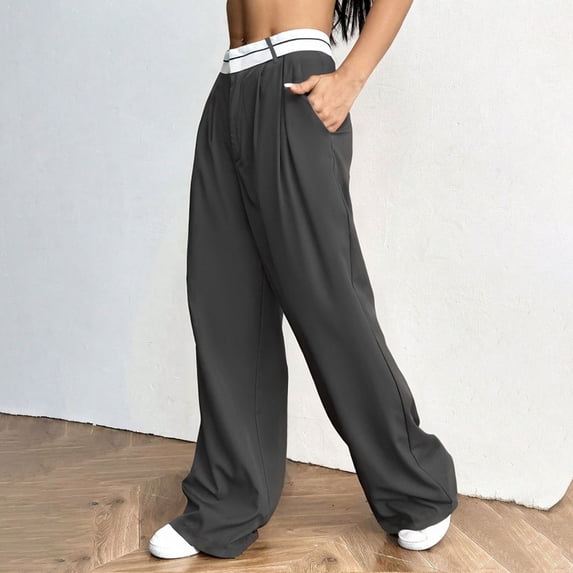 Aellinatey Womens Pants Wide Leg Solid Color Business Pants With Pockets Color Blocking Casual Trousers