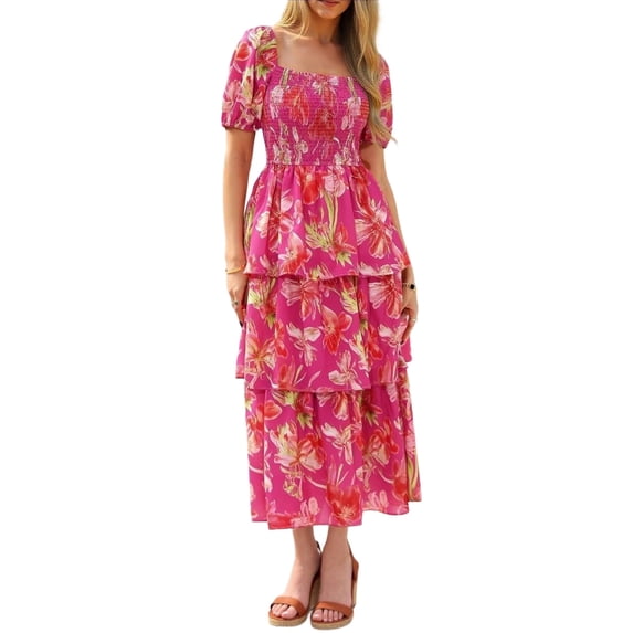 Aellinatey Womens Square Neck Smocked Dress Puff Short Sleeve Floral Casual Ruffle Tiered Maxi Wedding Guest Dresses