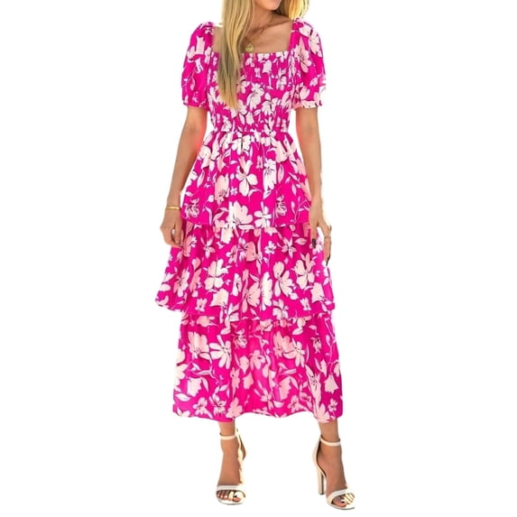 Aellinatey Womens Square Neck Smocked Dress Puff Short Sleeve Floral Casual Ruffle Tiered Maxi Wedding Guest Dresses