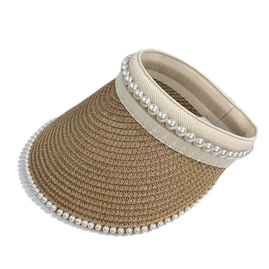 Aellinatey Womens Straw Sun Hat Wide Brim Beads Decor Beach Hat Open