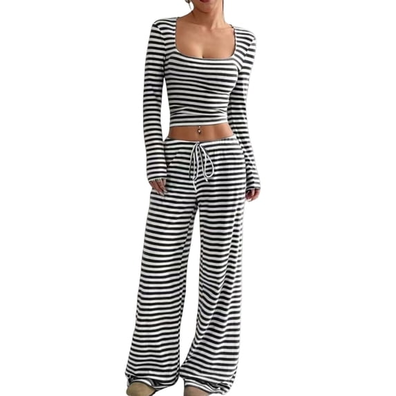 Aellinatey Womens Striped 2 Piece Sets Square Neck Top Cropped Tunic Wide Leg Pants Casual Lounge Sweatsuits Vacation Clothes