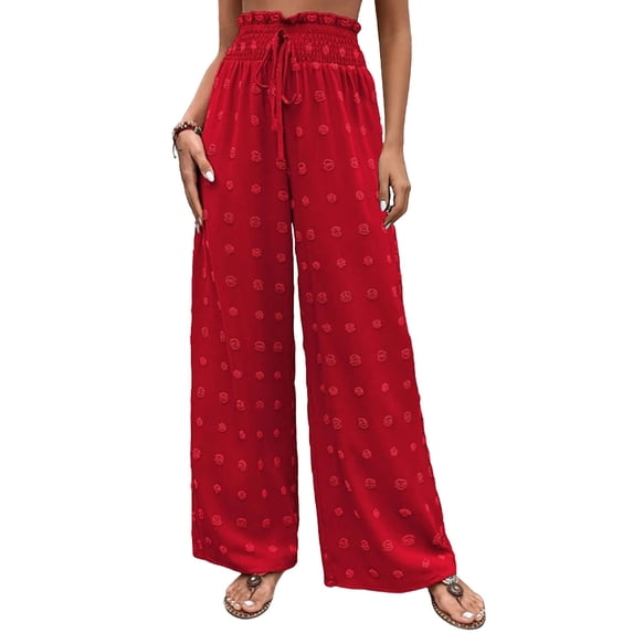 Aellinatey Womens Swiss Dot Wide Leg High Waist Pants Flowy Adjustable Knot Trousers Loose Casual Pants