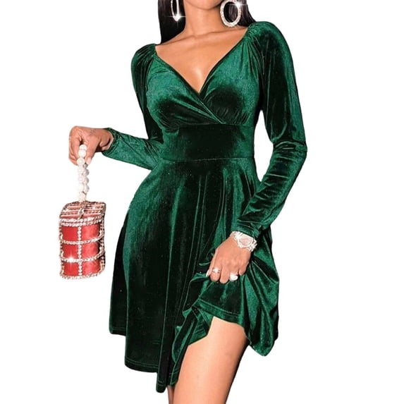 Aellinatey Womens Wrap V Neck Long Sleeve Velvet Glitter A Line Cocktail Party Swing Fit and Flare Skater Mini Dress
