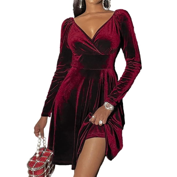 Aellinatey Womens Wrap V Neck Long Sleeve Velvet Glitter A Line Cocktail Party Swing Fit and Flare Skater Mini Dress