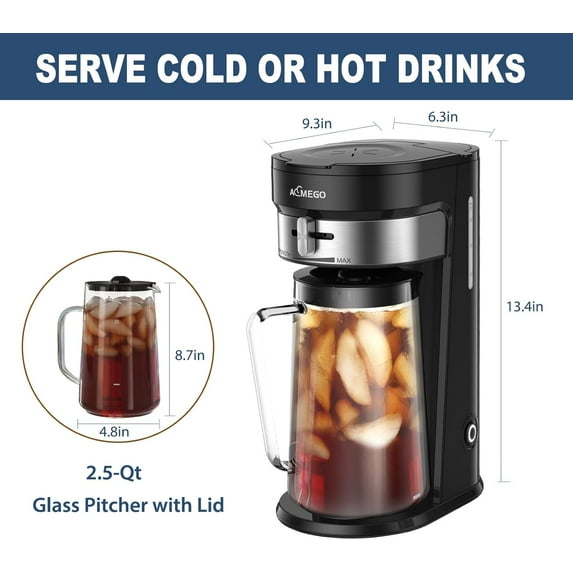 Aemego Iced Tea Maker with 2.5-Quart Glass Pitcher, Auto Shut-Off & Strength Selector for Coffee and Tea Brewing