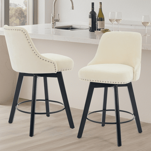 Aemeios 26" Swivel Bar Stools Set of 2, Counter Height Barstools Pub Chairs with Back and Black Wood Legs, Beige