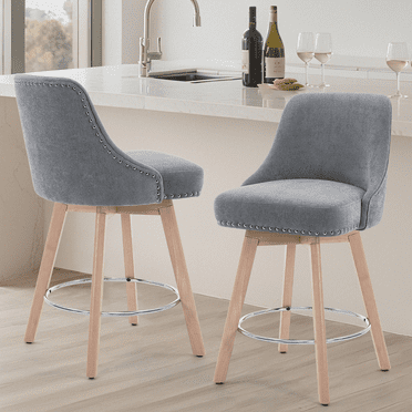 Aemeios 26" Swivel Bar Stools Set of 2, Counter Height Barstools Pub Chairs with Back and Wood Legs, Gray