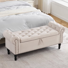 Aemeios 51" Velvet Storage Bench Upholstered Button-Tufted End of Bed Storage Ottoman Benches with Arms for Entryway Cloakroom, Beige