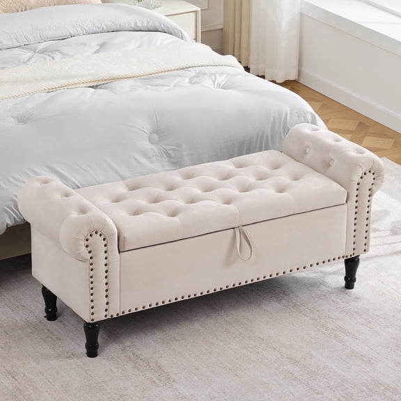 Aemeios 51" Velvet Storage Bench Upholstered Button-Tufted End of Bed Storage Ottoman Benches with Arms for Entryway Cloakroom, Beige